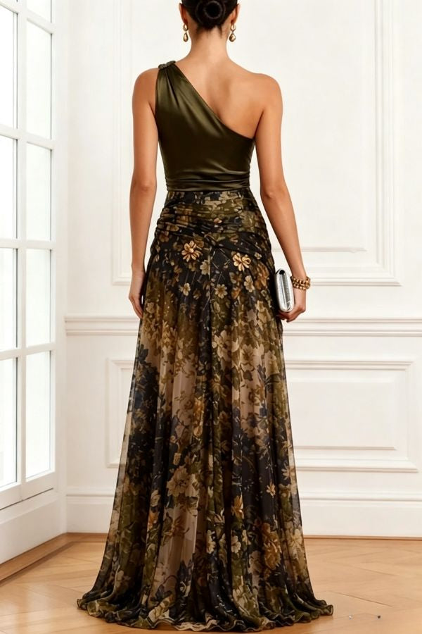 Ayla Satin One Shoulder Metallic Flower Detail Floral Tulle Hem Slit Maxi Dress
