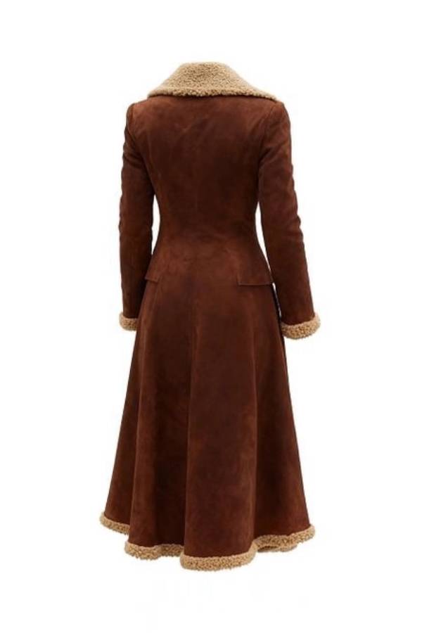 Suede coat with irregular hem and fur trim