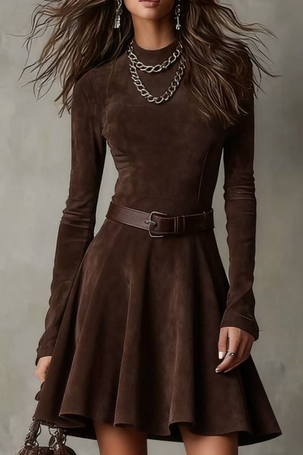 Vintage Dark Brown Suede Mock Neck Mini Dress