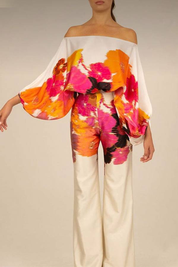 Off-the-shoulder batwing sleeve printed wide-leg pants two-piece set