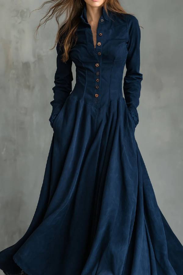 Gothic Dark Blue Faux Suede Lace-trimmed Shirt Collar Maxi Dress