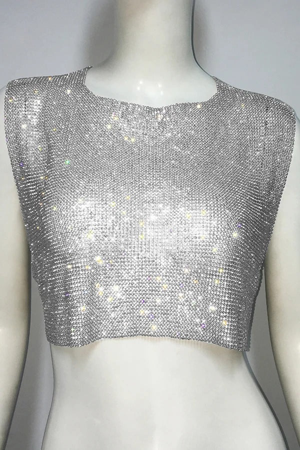 Sexy Metallic Rhinestone Backless Chain Vest