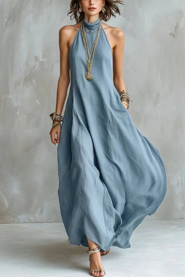 Multi-Color Textured Halter Open-Back Maxi Dress