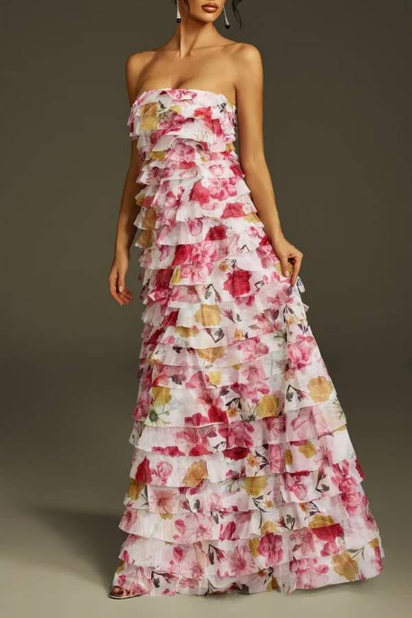 Solum Strapless Tiered Floral Maxi Dress