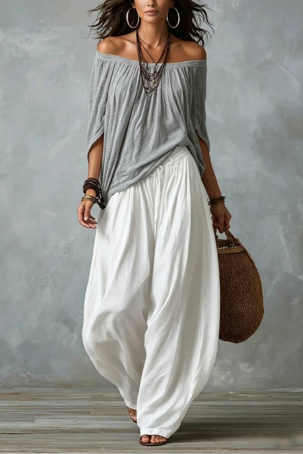 Grey Off-shoulder Top And White Loose-fitting Lantern Pants Suit