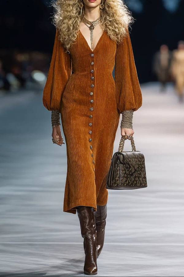 Vintage Button Puff Sleeve Caramel Brown Corduroy Midi Dress
