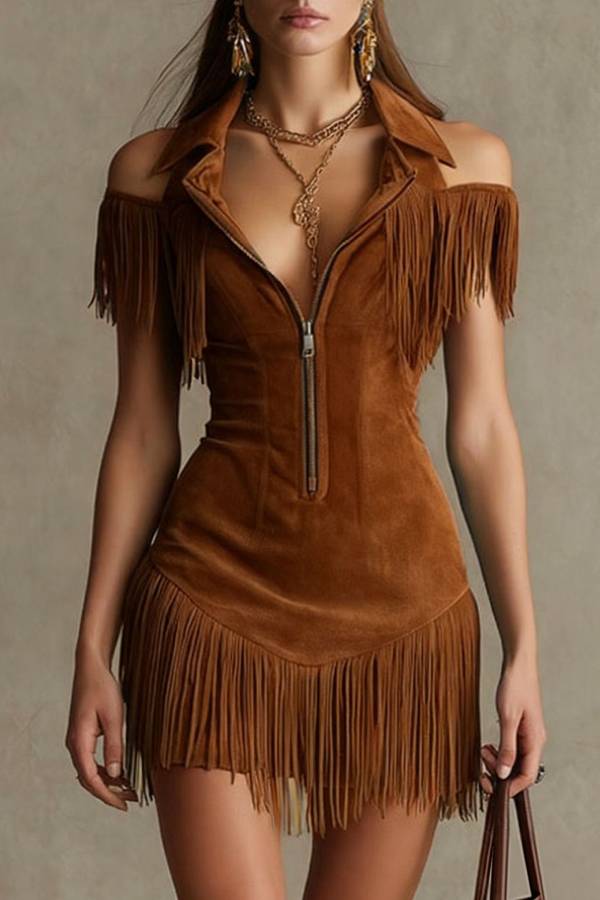 Western-Style Lapel Zipper Tassel Slim-Fit Mini Dress