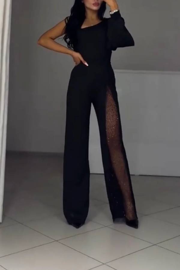 One-shoulder mesh slit wide-leg jumpsuit