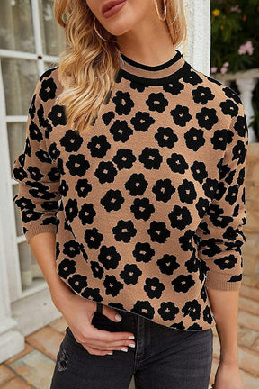 Mock Neck Floral Print Knitted Sweater Color Block Light Weight Sweater