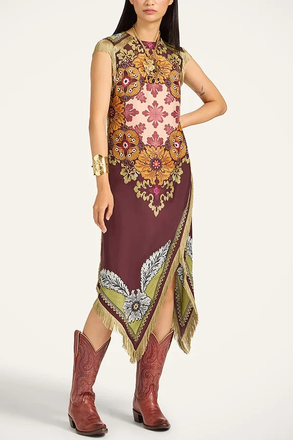 Bohemian Style Floral Print Tassel Trim Irregular Hem Slit Scarf Midi Dress