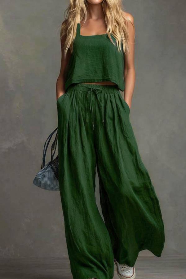 Linen-Style Square-Neck Cami and Wide-Leg Pants Set