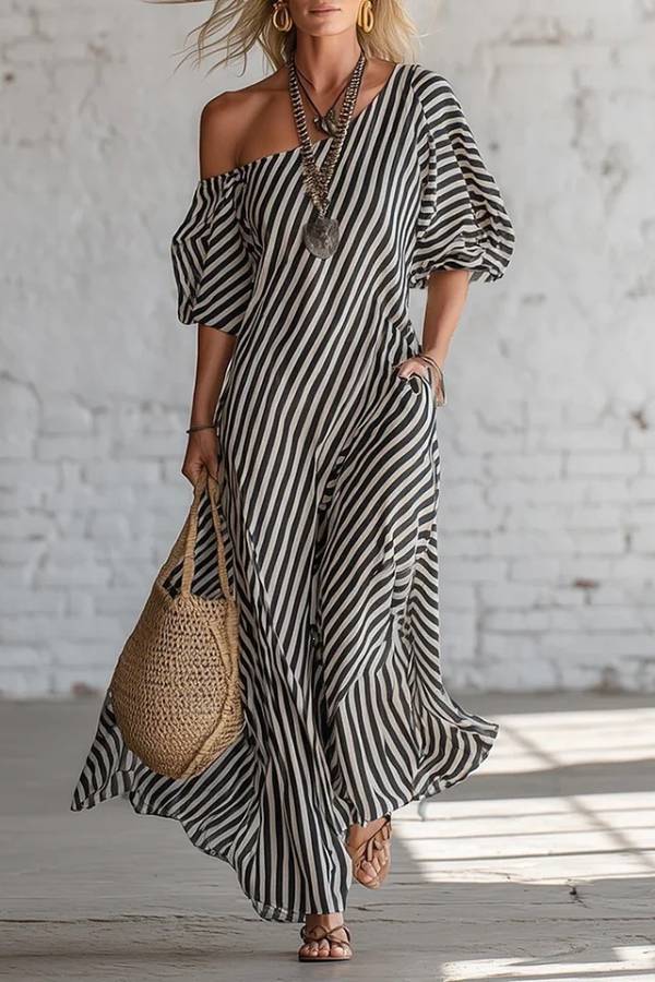 Asymmetric One-Shoulder Striped Maxi Dress