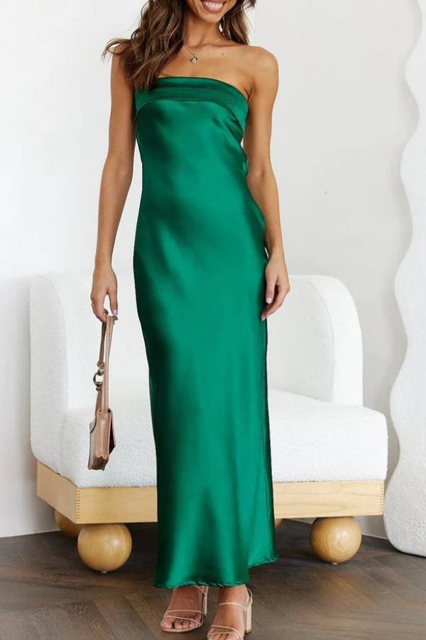 Strapless Satin & Print Fitted Maxi Dress