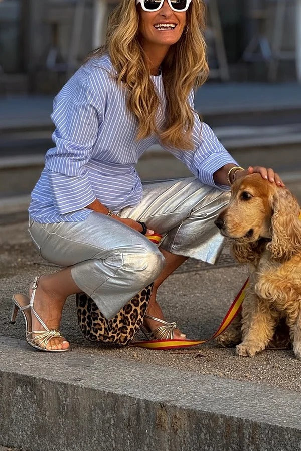 Tanie Metallic Fabric Mid-rise Pocket Cropped Wide Straight-leg Pants