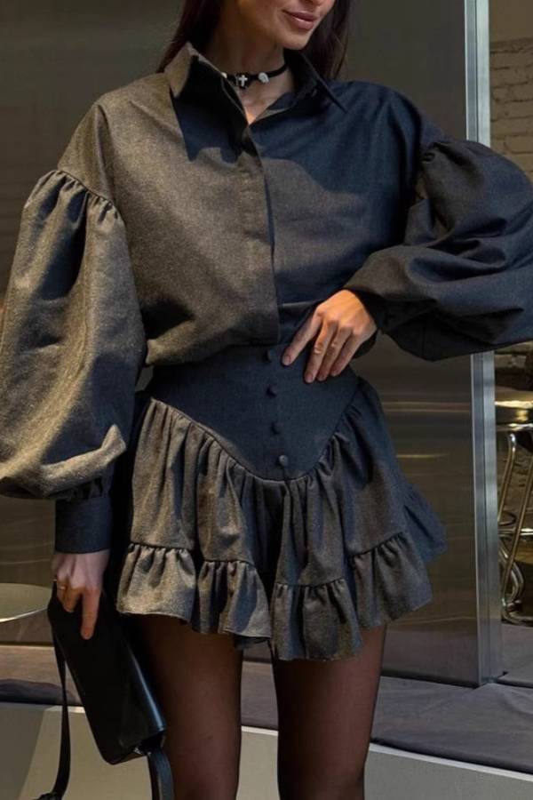 Retro puff sleeve shirt + ruffled high-waisted mini skirt set