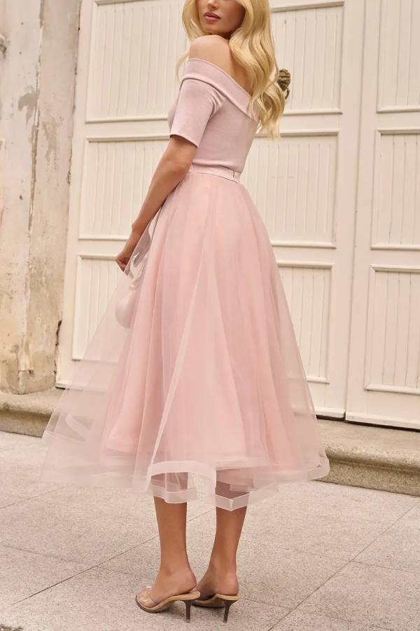 Talita Knit Off Shoulder Stretch Top and Tulle Elastic Waist A-line Midi Skirt Set