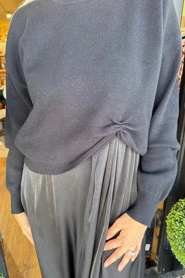 Practical Fashion Knit Ruched Sweater and Satin Stretch Tank Midi Dress Two-piece Set