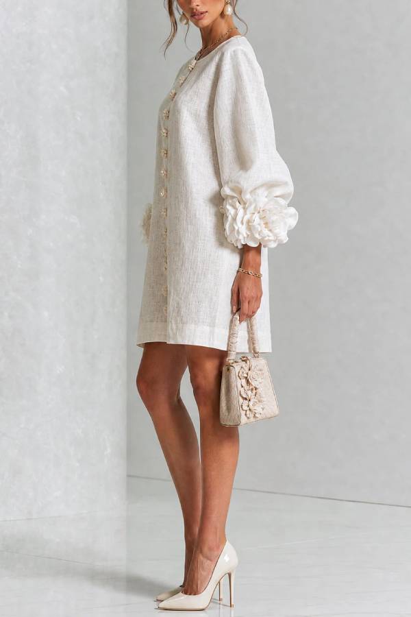 White Floral Button-down Mini Dress With Striking Floral Cuffs