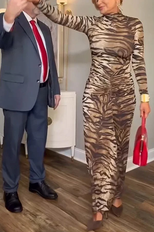 Winston Animal Print High-neck Long Sleeve Ruched Hip Stretch Maxi Dress