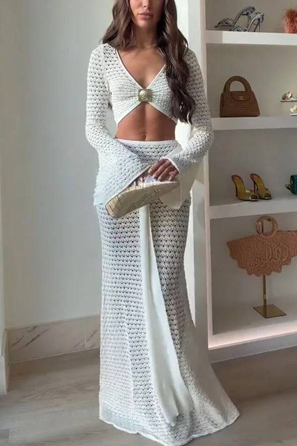 Mania Knit Hardware Detail Bell Sleeve Crop Top and Gathered Overlay Sash Stretch Maxi Skirt Set