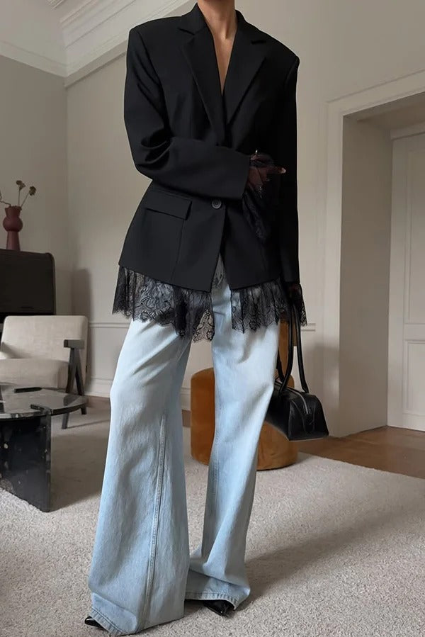 Solid Color Lace Panel Long Sleeve Button Elegant Blazer