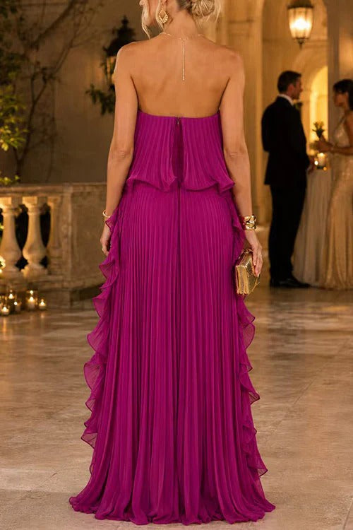 Strapless Tube Ruffle Pleated Swing Maxi Dress