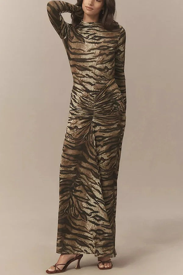 Winston Animal Print High-neck Long Sleeve Ruched Hip Stretch Maxi Dress