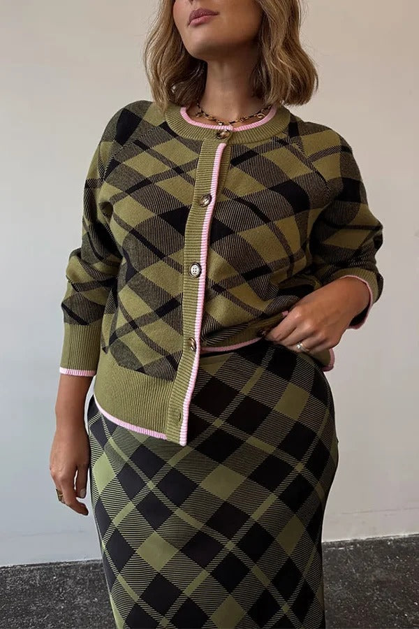 Holiday Plaid Knit Color-blocked Trim Button Long-sleeved Loose Cardigan