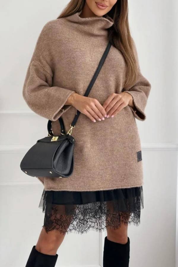 High-neck lace-trimmed long sweater