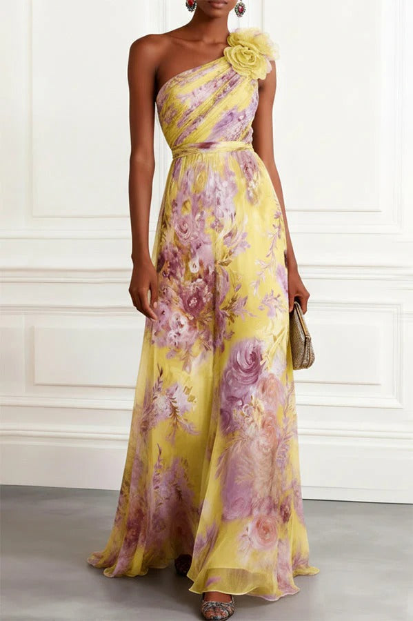 Verne Chiffon 3D Floral One Shoulder Pleated Sleeveless A-Line Gown Maxi Dress