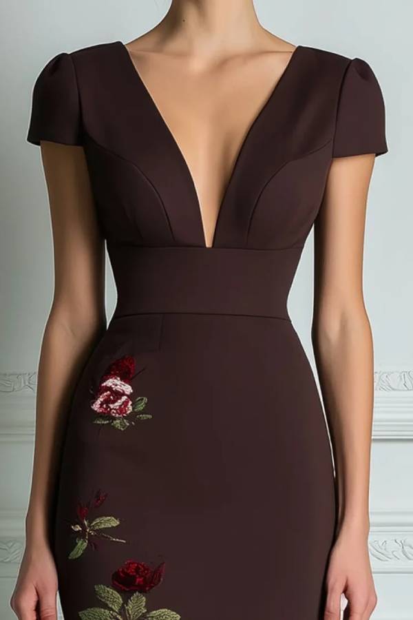 Brown Printed V-Neck Slim Elegant Midi Dress