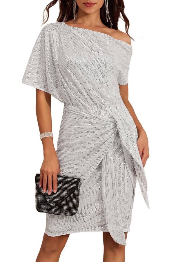 One-shoulder sequined twisted fitted party dress