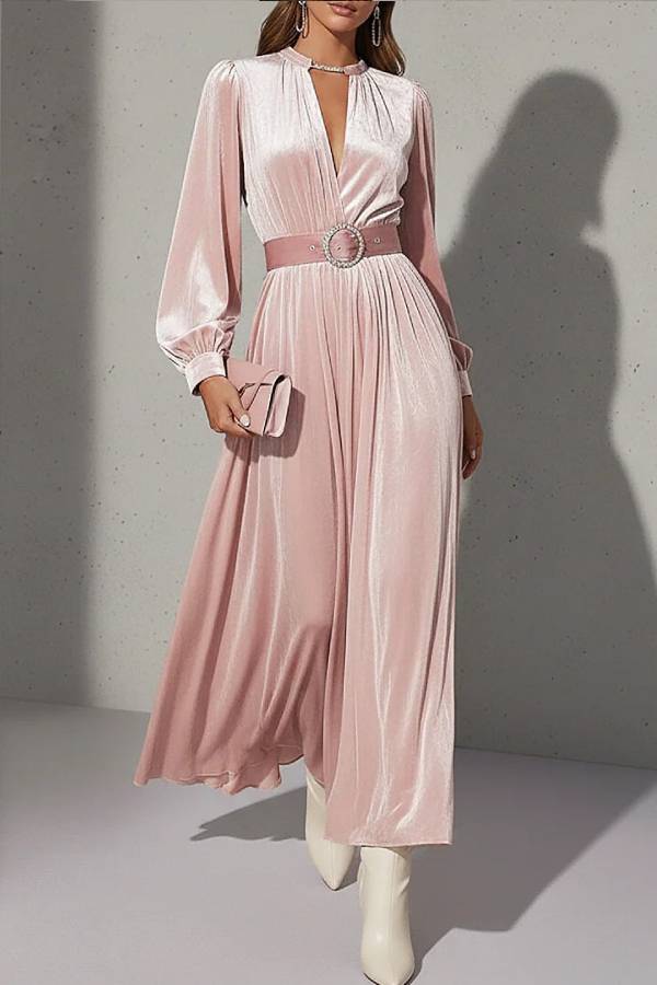 Elegant Light Pink V-Neck Velvet Maxi Dress