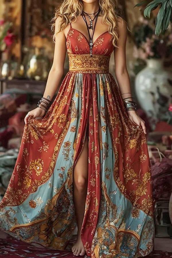 Boho Vintage Floral Print V-Neck Spaghetti Strap High Slit Maxi Vacation Dress