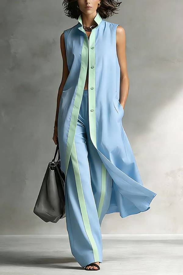 Color Block Trim Sleeveless Long Vest & Wide Leg Pants Two Piece Set