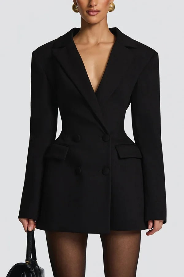 Elvira Double-breasted Long Sleeve Adjustable Back Belt Lapel Blazer Mini Dress