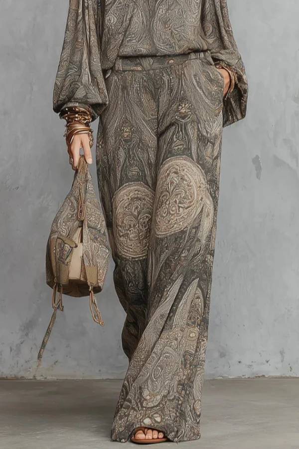 Grey Paisley Patterned Lantern Sleeve Top And Wide-leg Trousers Suit