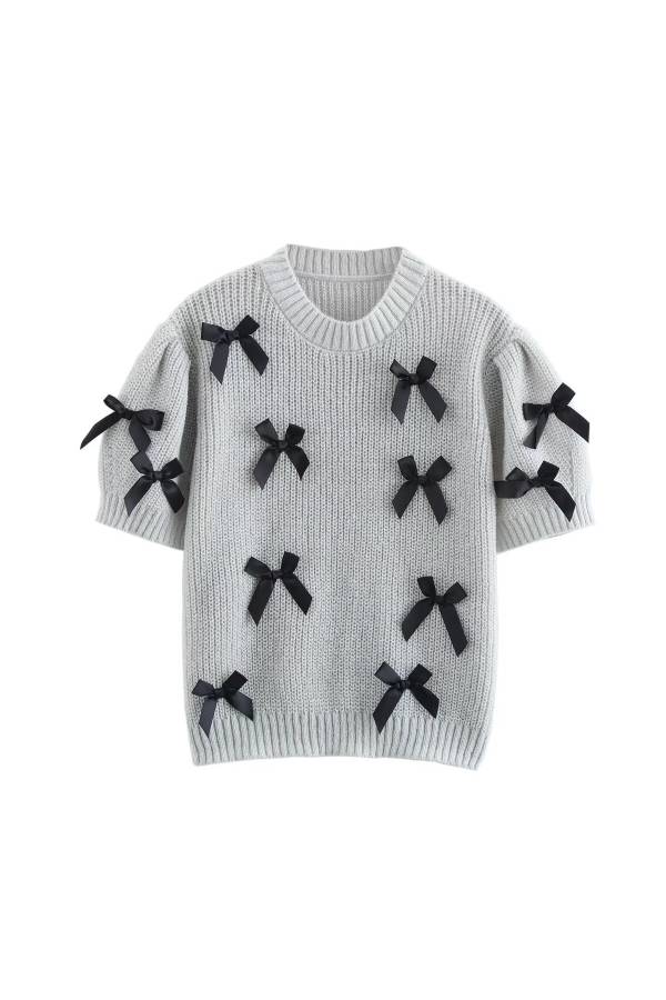 Round neck puff sleeve bow-decorated knitted sweater
