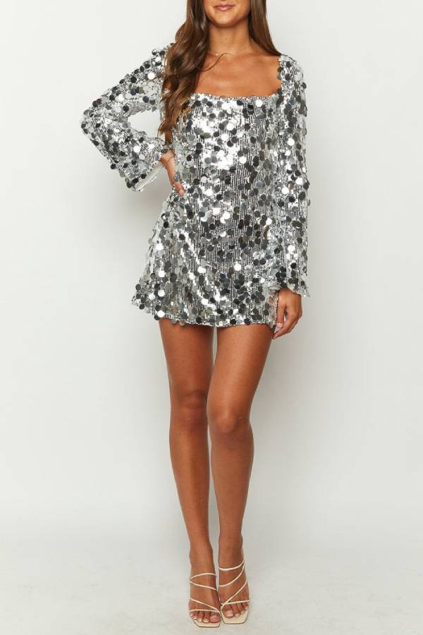 Bring The Disco Large Sequins Square Neck Long Bell Sleeve Backless Slit Mini Dress