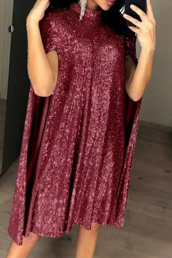 Sequined Cape Turtleneck Party Dress