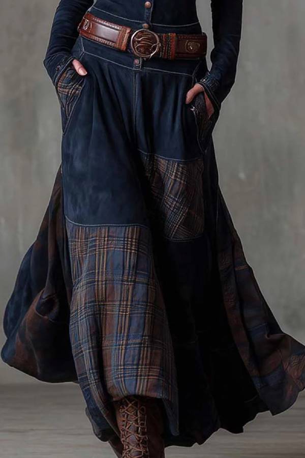 Navy Plaid Paneled Vintage Suede Maxi Dress