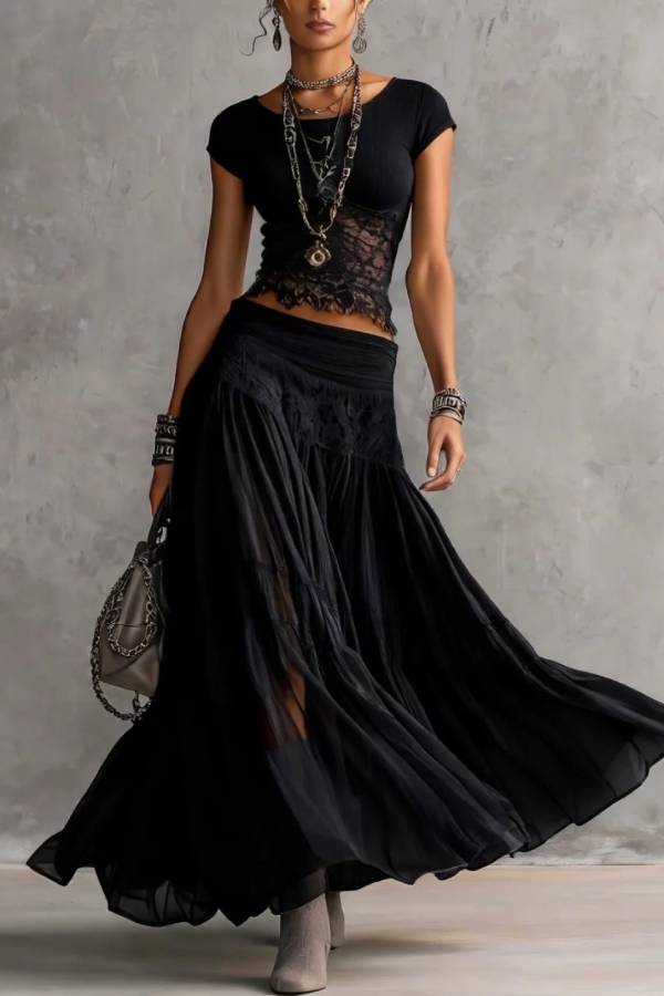 Lace-Trim Knit Top & Pleated Chiffon Maxi Skirt Set