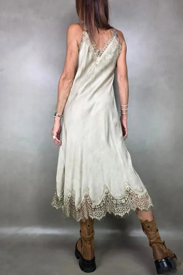 Fashionable V-neck Suspender Lace Splicing Casual Midi Dress