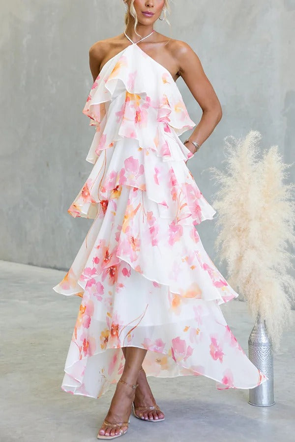 Poetic Eden Chiffon Floral Print Tiered Ruffles Halter A-line Maxi Dress
