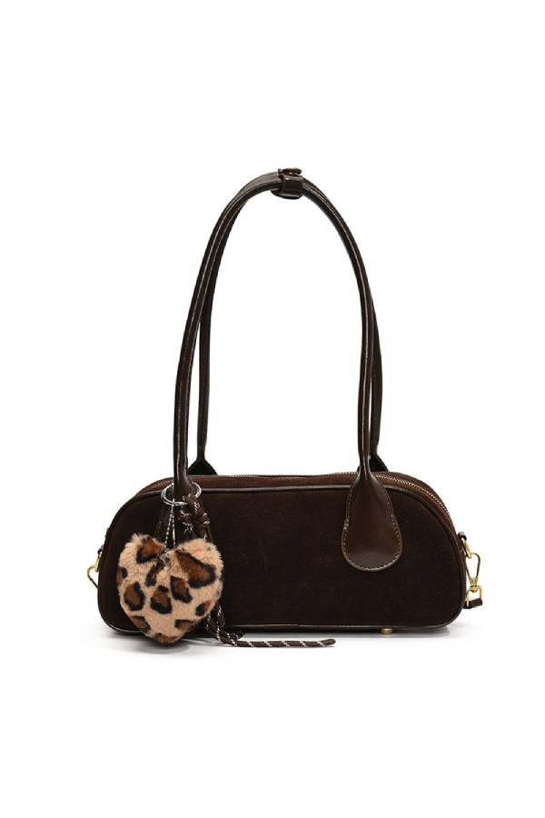 Retro PU frosted shoulder baguette bag (with leopard print charm)