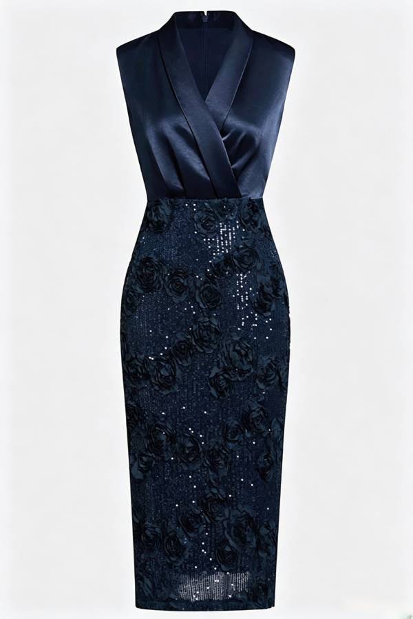 Isabele Satin Lapel V Neck Sleeveless 3D Floral Glitter Sequin Hem Sheath Midi Dress