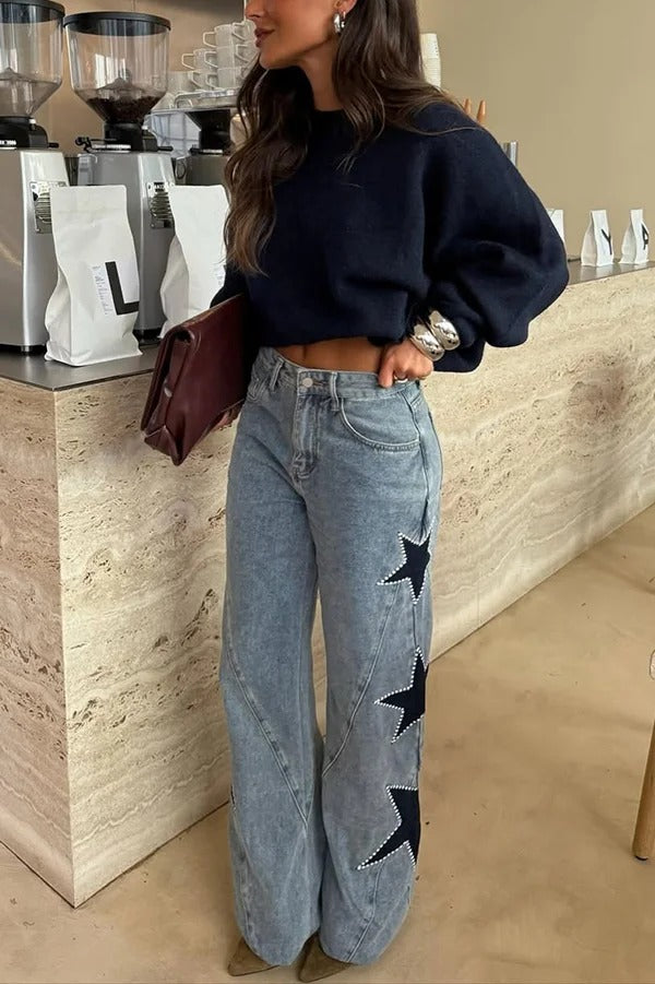Jessy Denim Mid Rise Side Star Pattern Pocket Wide Leg Jeans