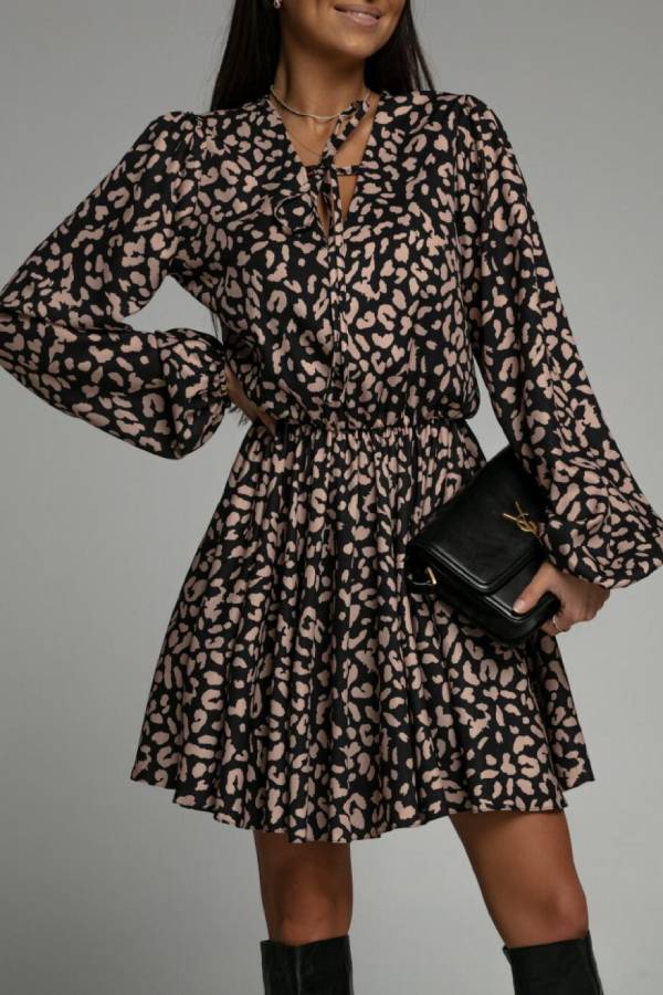 Tie-waist printed dress with lantern sleeves