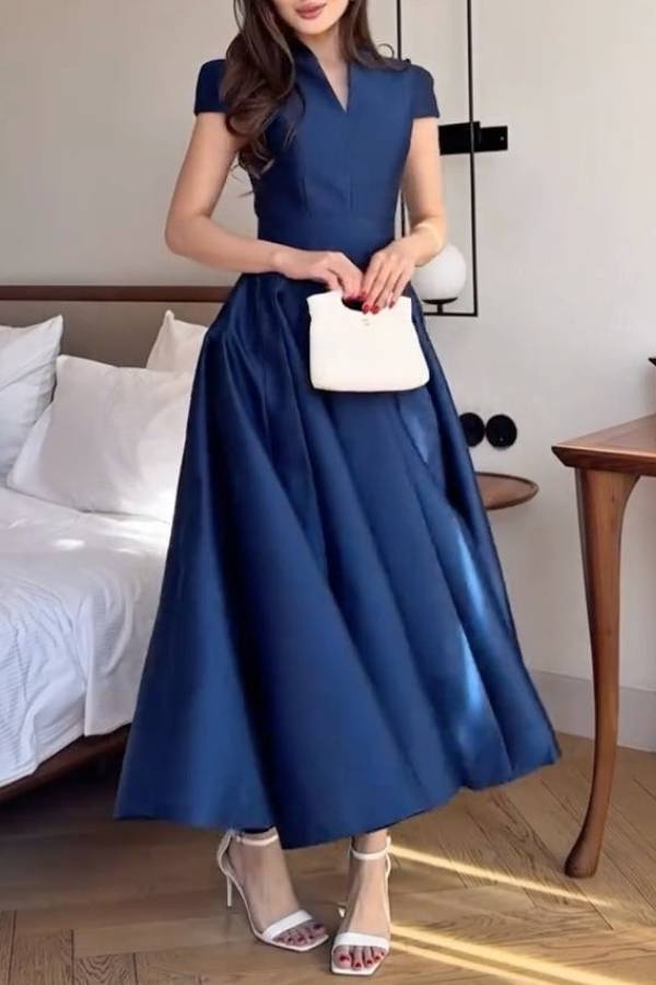 Elegant Dark Blue V-neck Long Dress