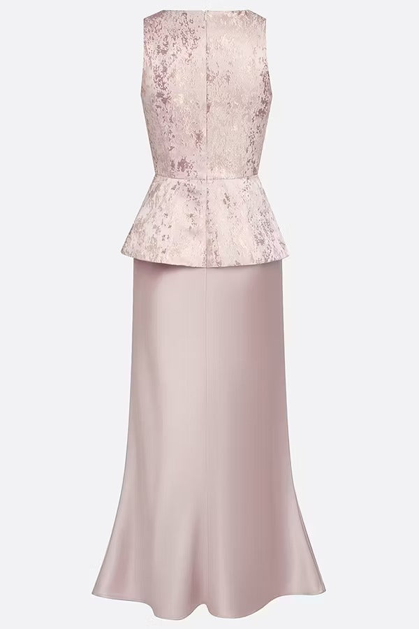 Siena 3D Floral Trim Lace Crew Neck Sleeveless Drape Satin Hem Maxi Dress